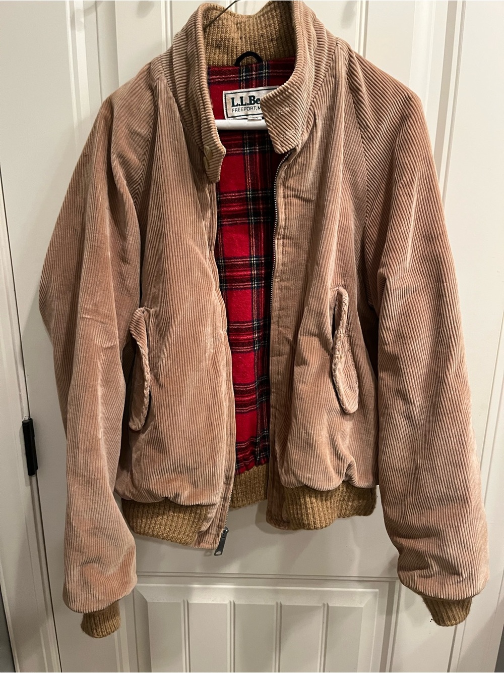 L.L. Bean Men's Corduroy Bomber Jacket in Light Brown with Red Plaid Lining